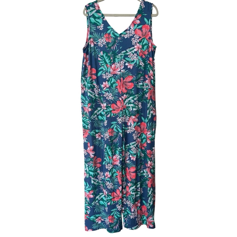Carole Hochman Tropical Floral Jumpsuit Blue Pink Green L